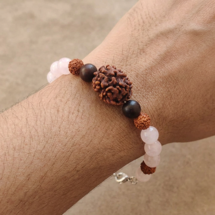 Dampatya Preeti Bracelet: 2 Mukhi Rudraksha & Rose Quartz for Love & Relationship Harmony