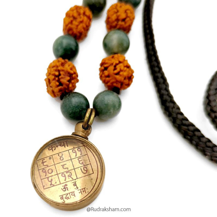 Kanya Rashi Yantra Brass Pendant | Virgo Sun Sign Zodiac Pendant | A Combination Of 4 Mukhi Rudraksha Beads With Moss Agate Gemstone Beads In Strong Nylon Thread