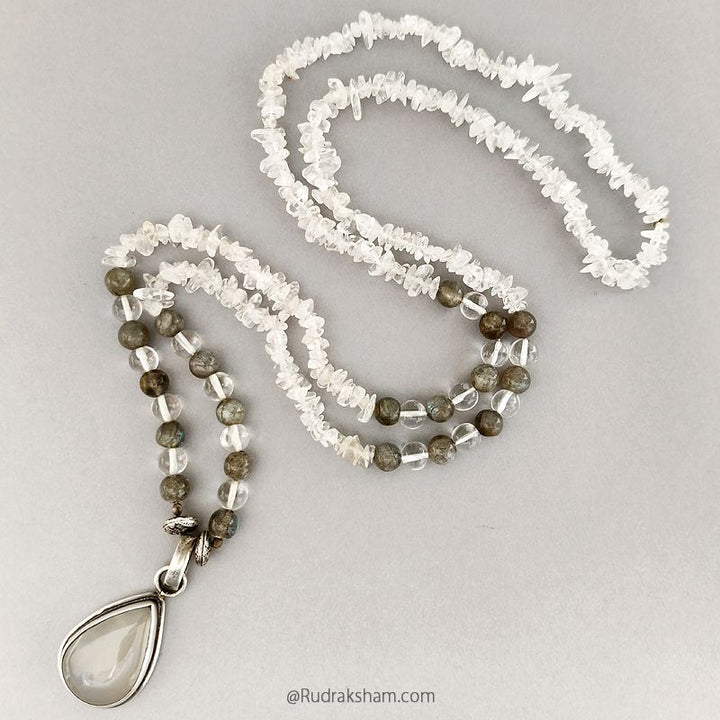 Labradorite Smooth Round Beads and Sphatik ( Crystal ) Gemstone Necklace with Grey Moonstone Silver Pendant | Quartz Chips and Round Beads