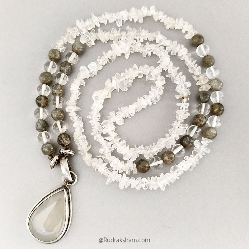 Labradorite Smooth Round Beads and Sphatik ( Crystal ) Gemstone Necklace with Grey Moonstone Silver Pendant | Quartz Chips and Round Beads