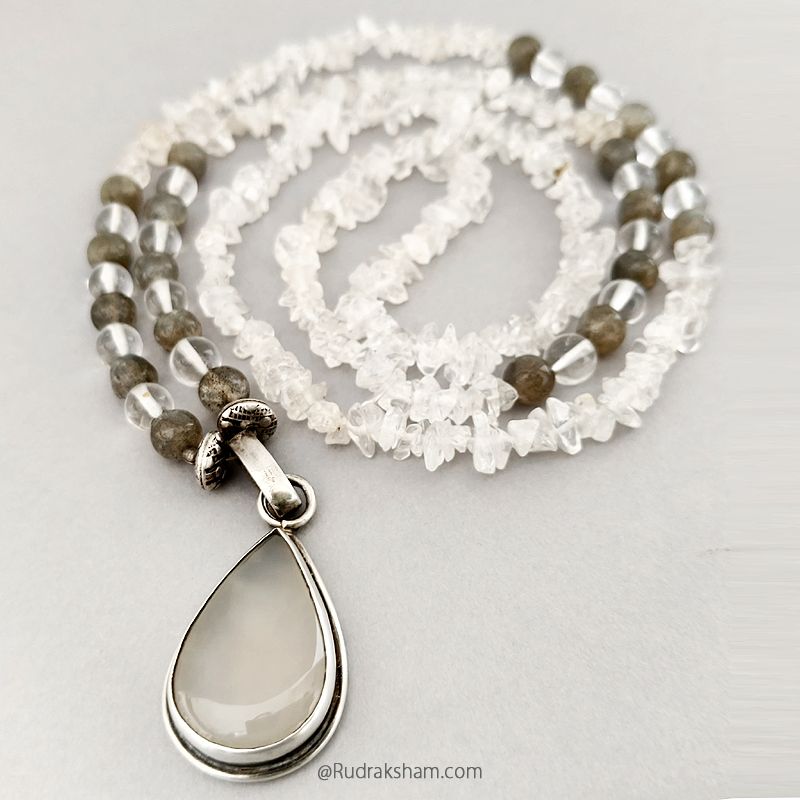 Labradorite Smooth Round Beads and Sphatik ( Crystal ) Gemstone Necklace with Grey Moonstone Silver Pendant | Quartz Chips and Round Beads