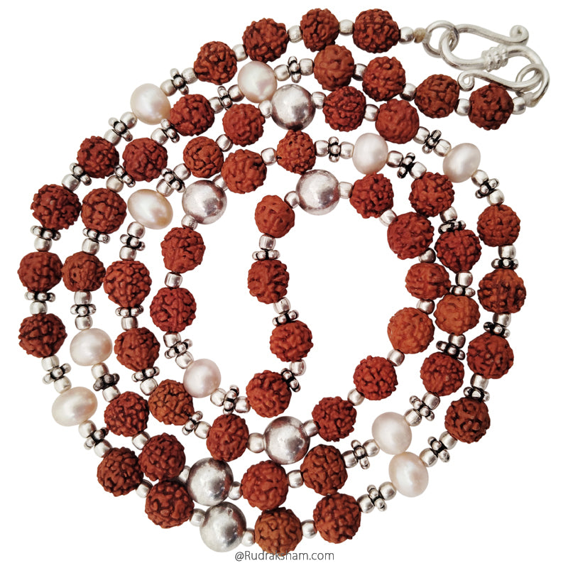 Moon Mala / Chandra Mala / Rudraksha Beads - White Pearl Gemstone Beads Combination Mala Rosary, Chandra / Moon Mala Necklace with silver accessories