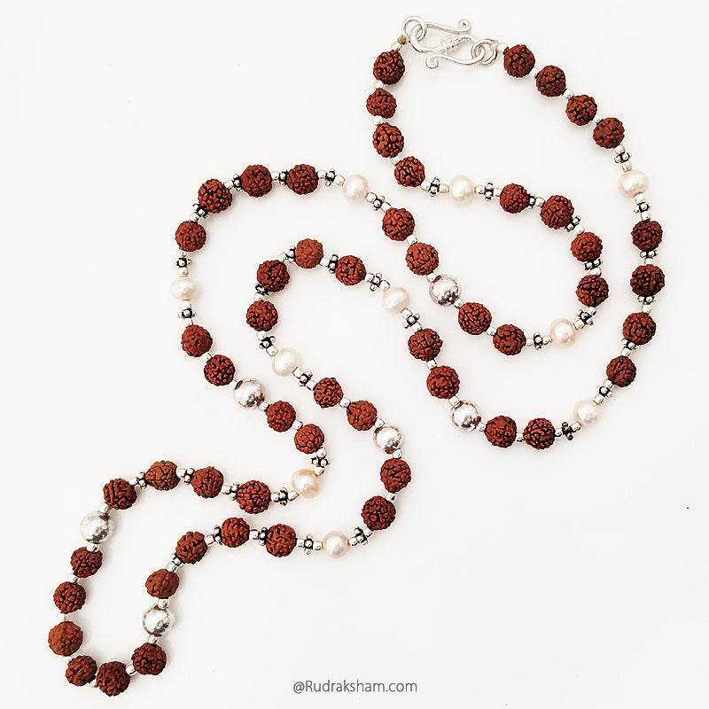 Moon Mala / Chandra Mala / Rudraksha Beads - White Pearl Gemstone Beads Combination Mala Rosary