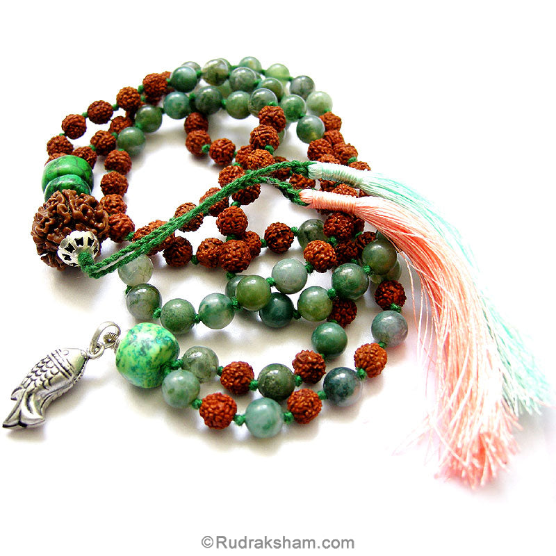  Moss Agate and Turquoise bead Silver Necklace with Fish Pendant