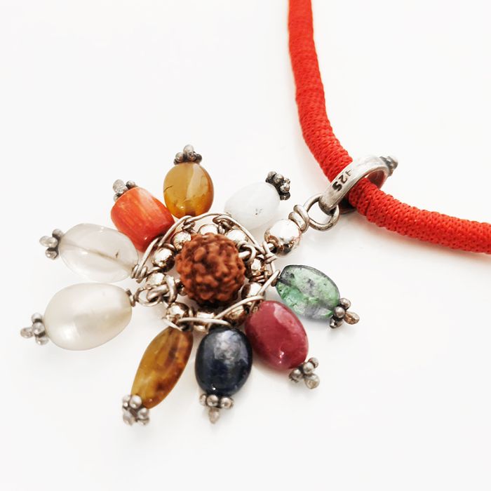 Navratna Pendant with Silver Accessories, 9 Gemstone Pendant | Navgrah Stone Pendant, Ruby, Pearl, Coral, Emerald, Golden Topaz, Sphatik, Blue Sapphire, Gomed & Cat's Eye