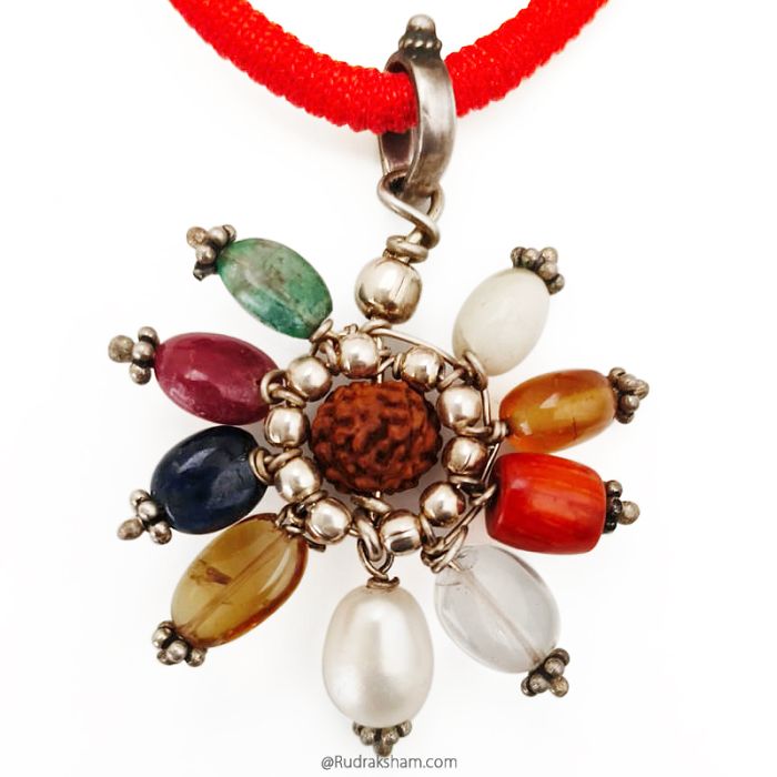 Navratna Pendant with Silver Accessories, 9 Gemstone Pendant | Navgrah Stone Pendant, Ruby, Pearl, Coral, Emerald, Golden Topaz, Sphatik, Blue Sapphire, Gomed & Cat's Eye