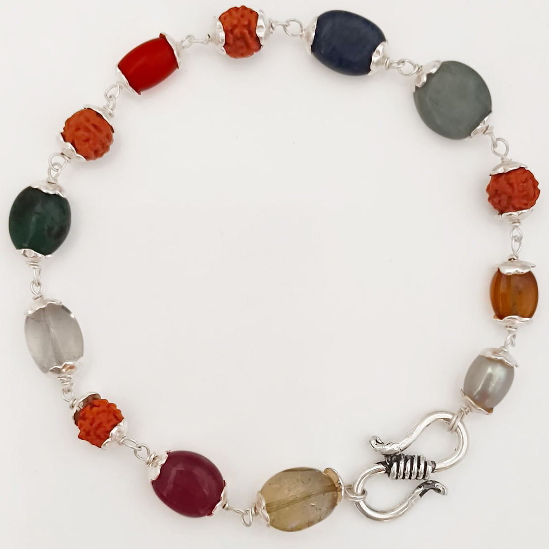 Navratna Bracelet in Silver Caps and Wire, Rudraksha Navgrah Stone Bracelet, 9 Gemstone Bracelet | Ruby, Pearl, Coral, Emerald, Golden Topaz, Sphatik, Blue Sapphire, Gomed & Cat's Eye