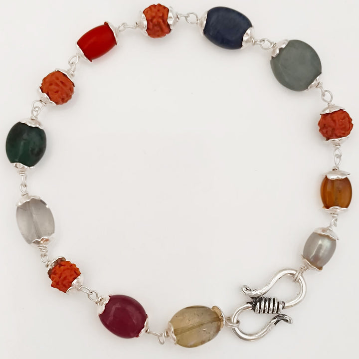 Navratna Bracelet in Silver Caps and Wire, Rudraksha Navgrah Stone Bracelet, 9 Gemstone Bracelet | Ruby, Pearl, Coral, Emerald, Golden Topaz, Sphatik, Blue Sapphire, Gomed & Cat's Eye