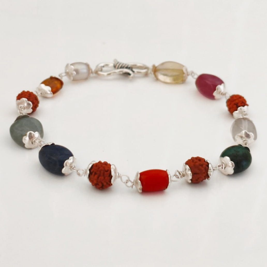 Navratna Bracelet in Silver Caps and Wire, Rudraksha Navgrah Stone Bracelet, 9 Gemstone Bracelet | Ruby, Pearl, Coral, Emerald, Golden Topaz, Sphatik, Blue Sapphire, Gomed & Cat's Eye
