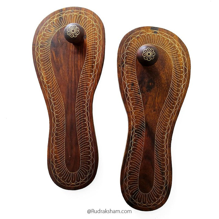10 Inches Charan Paduka Brass, Traditional Wooden Charan Paduka with Brass Inlay Work for Sadhu Saints, Wooden Khadau, Lakshmi Charan