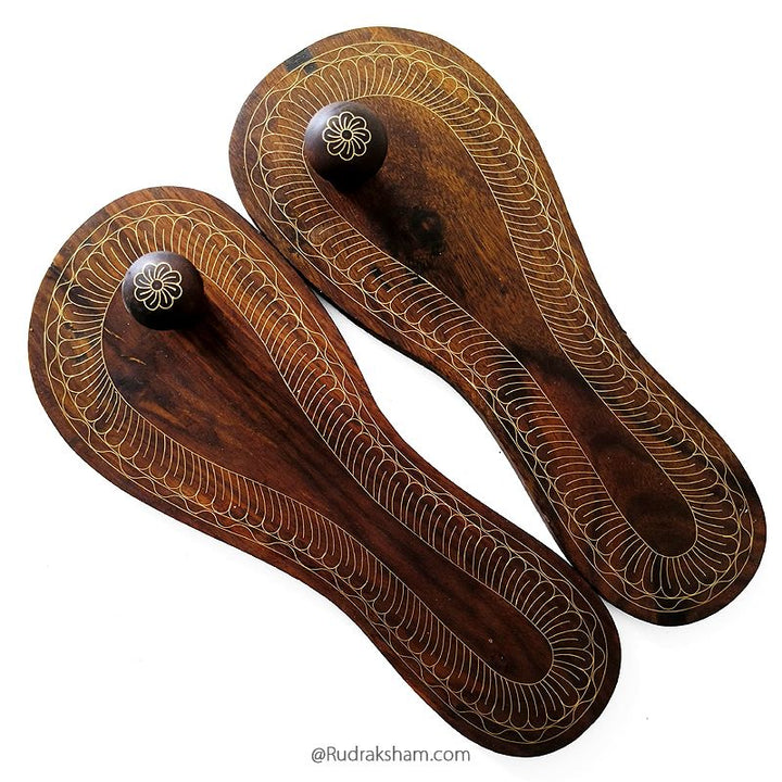10 Inches Charan Paduka Brass, Traditional Wooden Charan Paduka with Brass Inlay Work for Sadhu Saints, Wooden Khadau, Lakshmi Charan