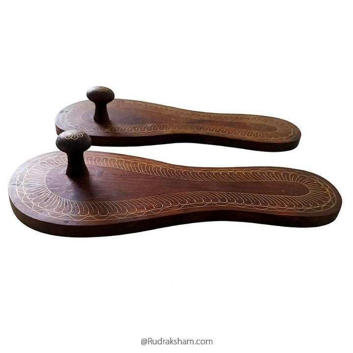 10 Inches Charan Paduka Brass, Traditional Wooden Charan Paduka with Brass Inlay Work for Sadhu Saints, Wooden Khadau, Lakshmi Charan