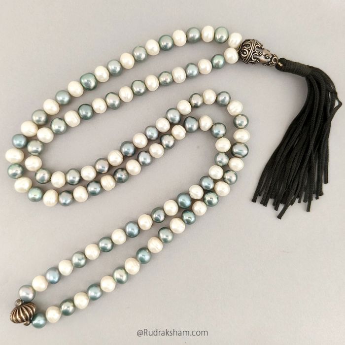 Grey Pearl and White Pearl Beads Mala Necklace, Moti ki Mala with Designer Silver Beads, Chakra mala, Moon Mala, Chandra Mala