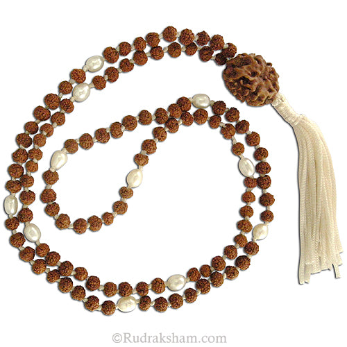  Rudraksha Beads – Pearl ( Moti ) combination Mala Rosary Hand knotted in Thread With 2 Mukhi Indian Rudraksha Bead