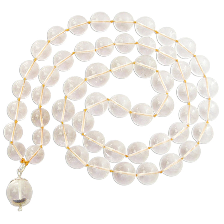 12 mm - 14 mm Natural Sphatik Hand Knotted Mala with Round Crystal Silver Pendant 18 mm | Original High Quality Clear Smooth Round Beads Quartz Stone Necklace with Large Sphatik Pendant