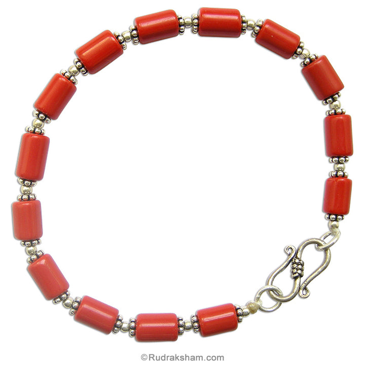 Red Coral Moonga Beads Bracelet in Silver