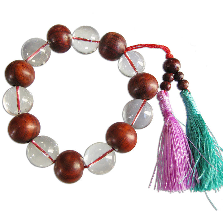 Red Sandalwood Beads and Sphatik Beads Mala Bracelet 14mm | Chandan and Crystal Plain Round Beads Wrist Mala Bracelet with Colorful Tassel
