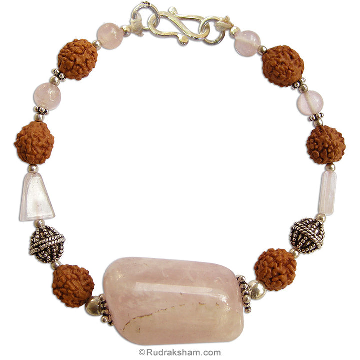 Rose Quartz Crystal Gemstone and Rudraksha Beads Bracelet with Sterling Silver Accessories