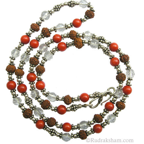  Rudraksha Diamond Cut Sphatik Coral in Silver | 108 Beads Mala Necklace | Rudraksha Munga Crystal Mala Online