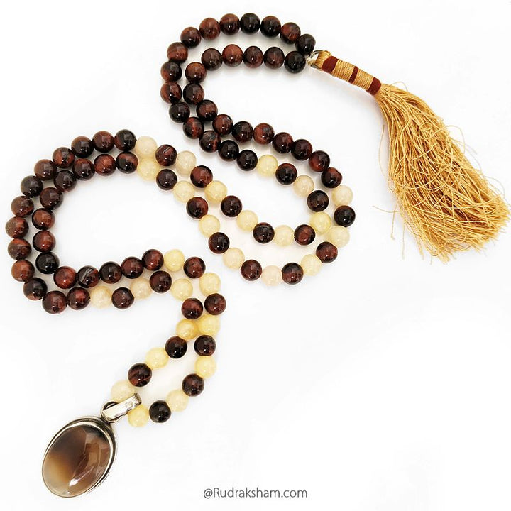 Red Tiger Eye Stone Beads and Yellow Aventurine Gemstone Beads Mala with Oval Moonstone Pendant in Silver, Chakra Necklace