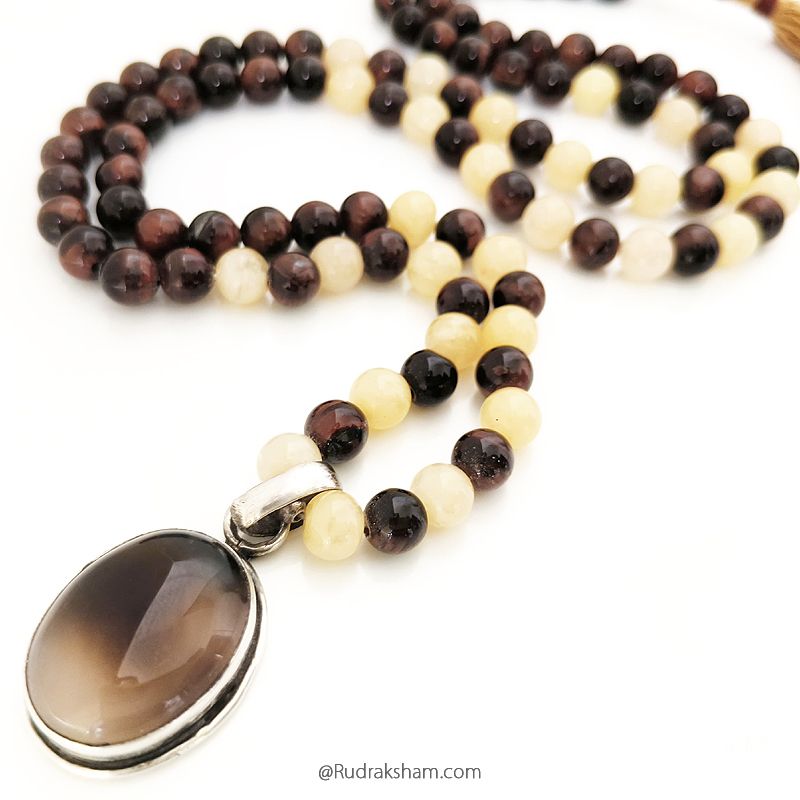 Red Tiger Eye Stone Beads and Yellow Aventurine Gemstone Beads Mala with Oval Moonstone Pendant in Silver, Chakra Necklace