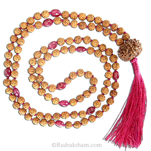 Rudraksha Beads – Ruby ( Manik / Manak ) Gemstone Beads Combination Mala Rosary Hand Knotted in Thread with 12 Mukhi Rudraksha Nepal