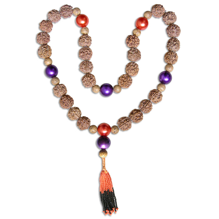 5 Mukhi Rudraksha Beads Mala with Bodhi Beads | Bodhi Beads Mala with Colored Seed Beads Tassel