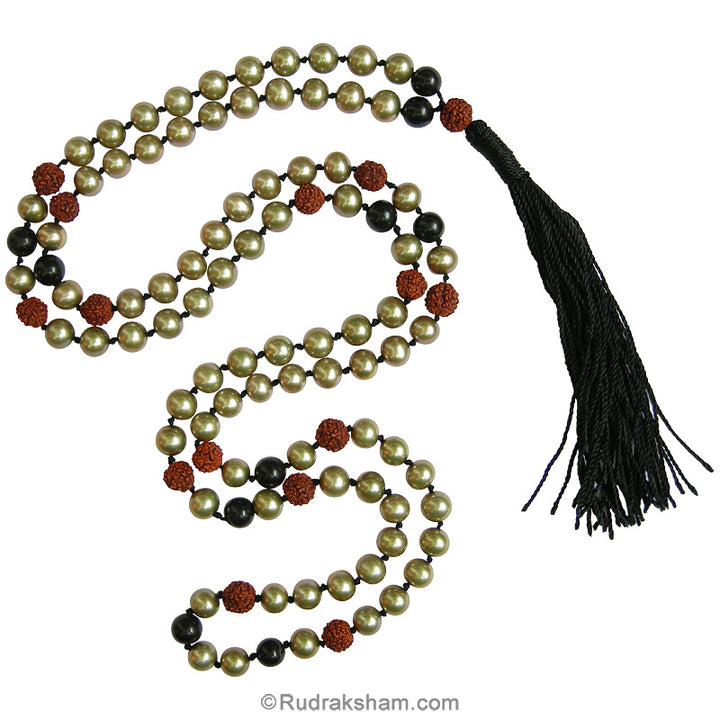 Rudraksha Beads - Golden Pearl / Moti - Kali Hakik / Black Agate Mala Necklace smooth Round Beads handknotted with Tassel
