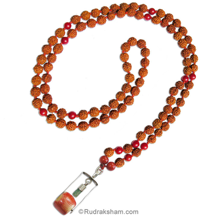Rudraksha Beads - Red Coral Necklace | Rudraksha Moonga mala with Red Coral circular bead silver pendant in red Thread
