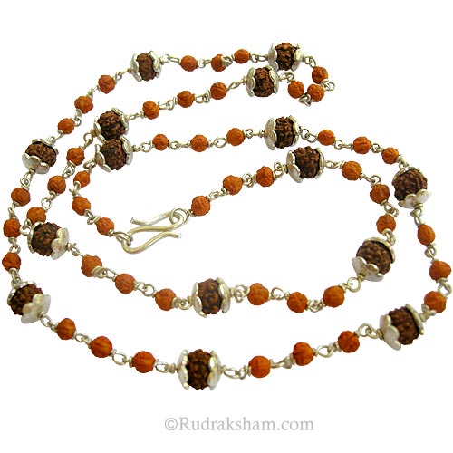 Rudraksha - Rudrani Mala Silver | Combination Mala Necklace of Rudraksha and Rudrani Beads in Silver Wire and Links along with Silver Caps on Rudraksha Beads