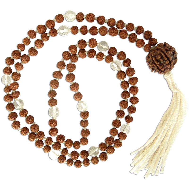 Rudraksha Beads – Sphatik ( Crysta / Quartz ) Diamond Cut Gemstone Beads Combination Mala Rosary Hand Knotted in Thread with 6 Mukhi Rudraksha Nepal, Venus mala / Shukra Japa Mala