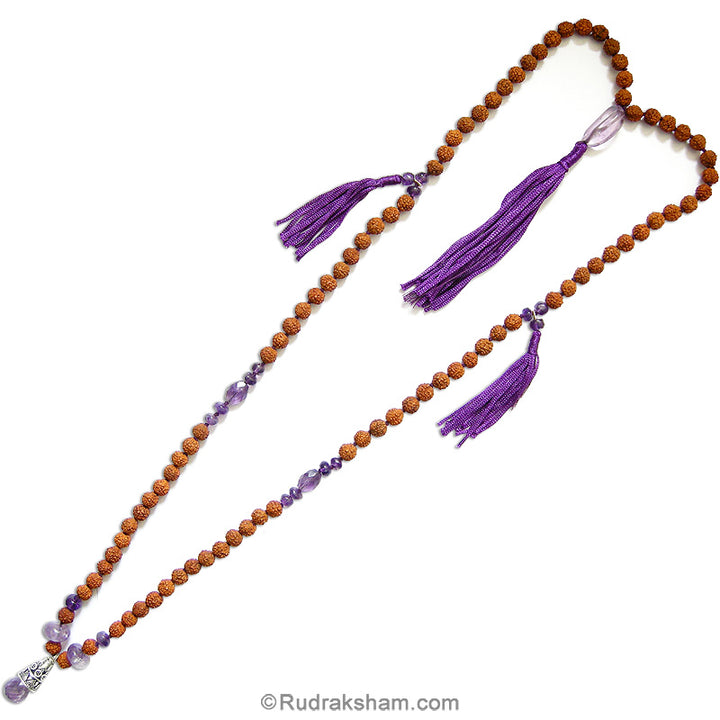 Rudraksha Beads and Amethyst Necklace, Amethyst Gemstone Silver Drop Pendant, Cut Stone & Button Gemstone Beads handknotted with tassel