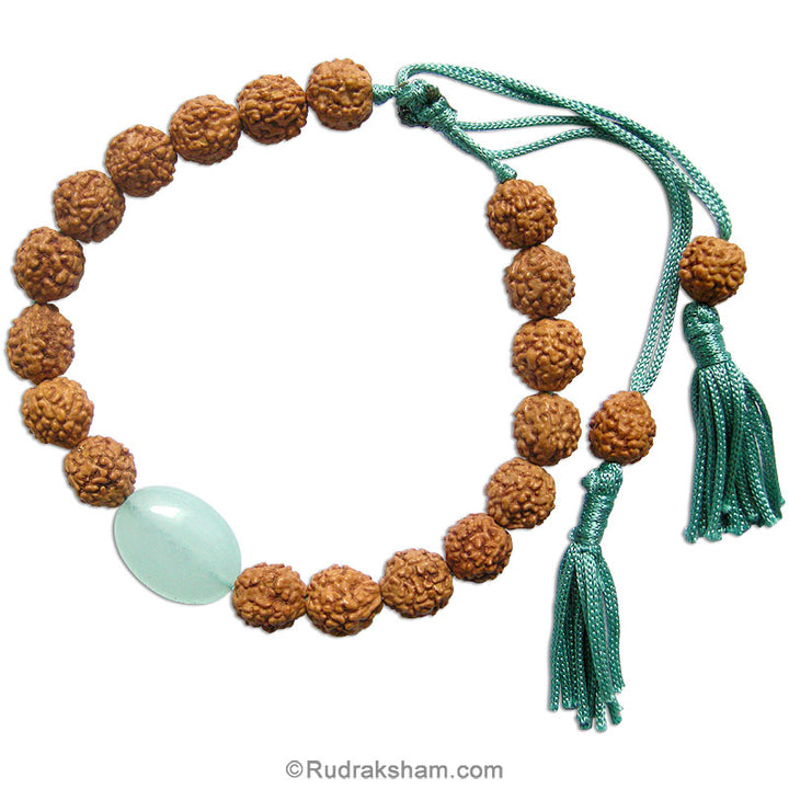 Green Stone Bead and Rudraksha Adjustable Wrist Band in Green Thread and Tassel | Green Stone Mala Bracelet