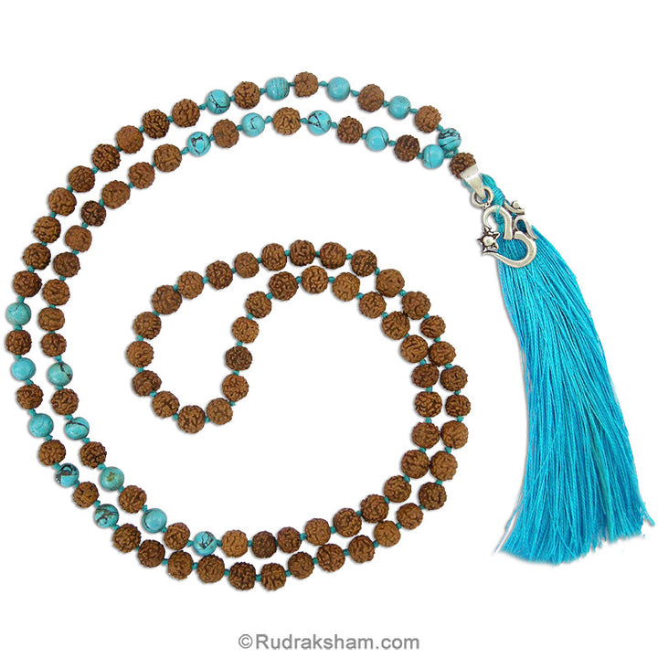 Rudraksha Beads and Turquoise Gemstone smooth round Beads Necklace handknotted with silver Om Pendant and Tassel