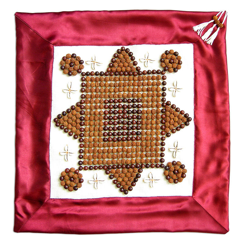 Rudraksha Cushion Cover, Red Sandalwood Beads & Kauri / Cowrie Satin Cushion Cover