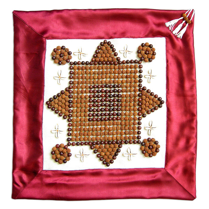 Rudraksha Cushion Cover, Red Sandalwood Beads & Kauri / Cowrie Satin Cushion Cover