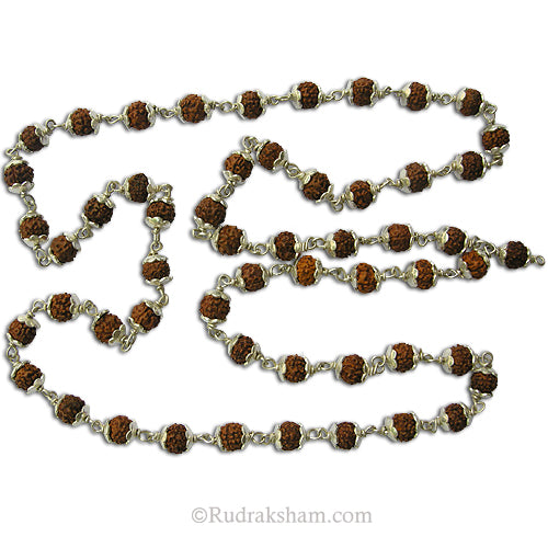 Five Mukhi 6mm Rudraksha Mala Necklace | 5 Mukhi Silver Caps Mala | Energized Indonesian Five Faced 54 Beads Mala Rosary | Paanch Mukhi Silver Mala Rosary 