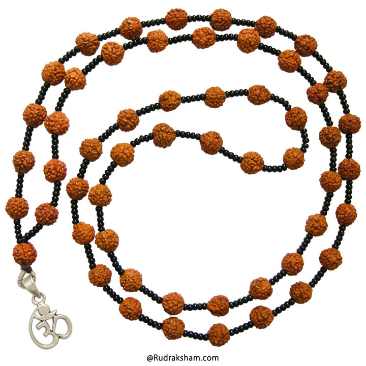 Rudraksha - Black Seed Beads Mala Necklace with Silver Om Pendant