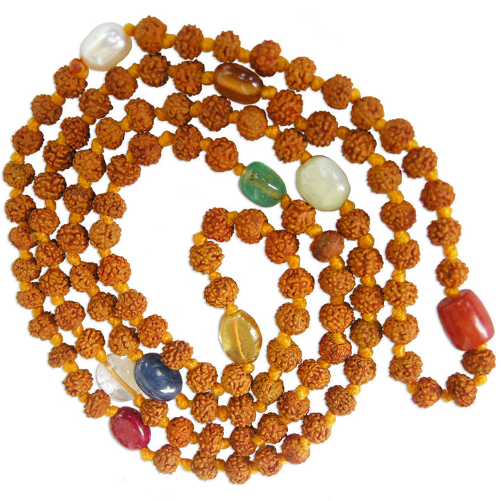 3mm Rudraksha - Navratna Navgrah Mala Rosary  | Rudraksha Beads 9 Gemstones Mala Rosary | Rudraksha Navratna Necklace