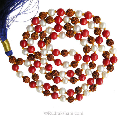  Rudraksha-Pearl-Coral Mala Thread | Rudraksha Moti Moonga Round Beads Necklace | 108 beads Rosary