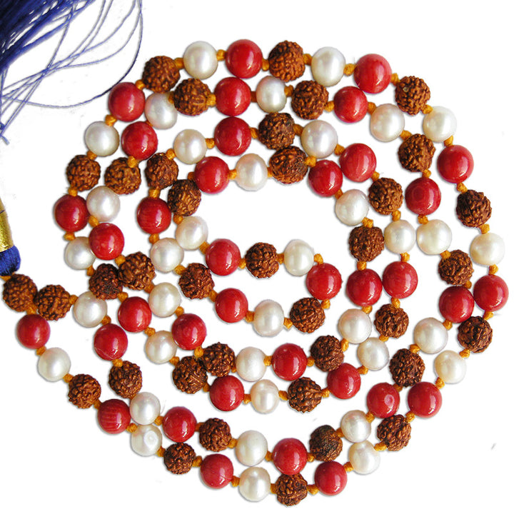 Rudraksha-Pearl-Coral Mala Thread | Rudraksha Moti Moonga Round Beads Necklace | 108 beads Rosary