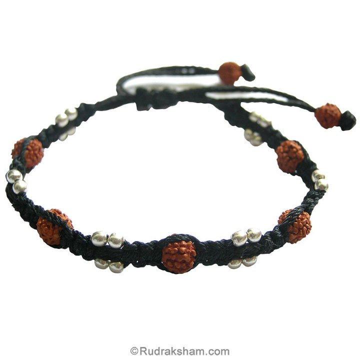 Rudraksha - Silver Ball Beads Bracelet | Handmade Designer adjustable Wrist Band with silver Beads and Rudraksha in Black Thread