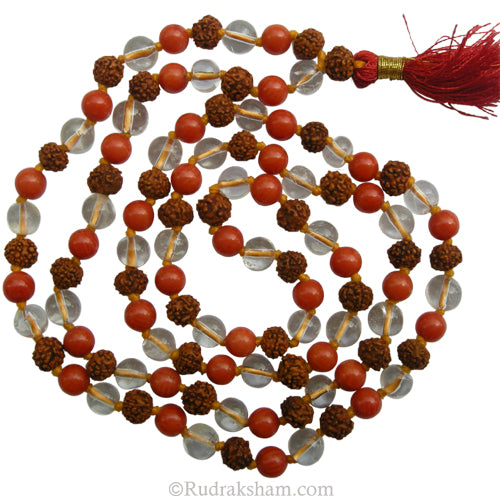 Rudraksha-Sphatik-Coral Mala Thread | Rudraksha Crystal / Quartz Stone Moonga Round Beads Necklace | 108 beads Mala Rosary
