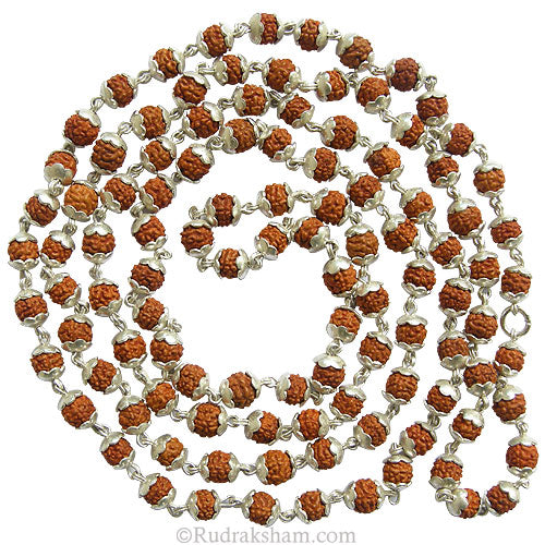 5mm Rudraksha Beads Silver Mala Necklace | 108 Beads Rudraksha Mala