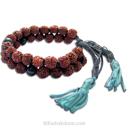 Rudraksha Beads Mala Bracelet with Natural Black Agate Gemstone Beads | Original Rudraksha & Kali Hakik Double ( Two ) line bracelet hand knotted and adjustable