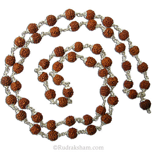 Five Mukhi 7mm Rudraksha Mala Necklace | 5 Mukhi Silver Caps Mala | Energised Java Five Faced 54 Beads Mala Rosary | Paanch Mukhi Mala Rosary
