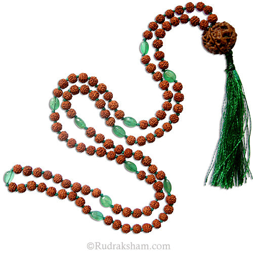  Rudraksha Beads - Emerald Gemstone Beads Combination Mala Rosary Hand knotted in Thread With 4 Mukhi Rudraksha
