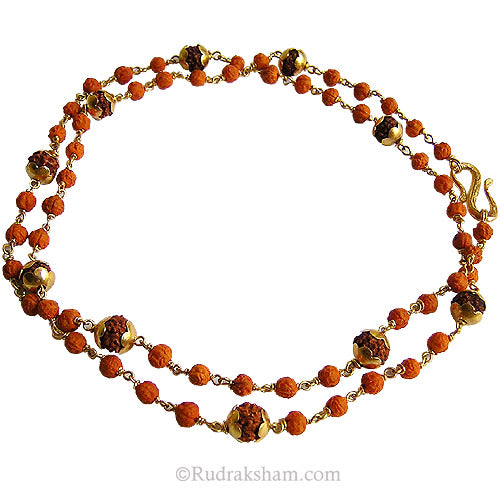Rudraksha - Rudrani Gold Mala | Combination Mala Necklace of Rudraksha and Rudrani Beads in Gold Wire and Links along with Gold Caps on Rudraksha Beads