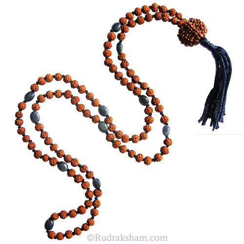 Rudraksha Beads - Blue Sapphire ( Neelam ) Gemstone Beads Combination Mala Rosary Hand Knotted in Thread with 7 Mukhi Rudraksha Nepal
