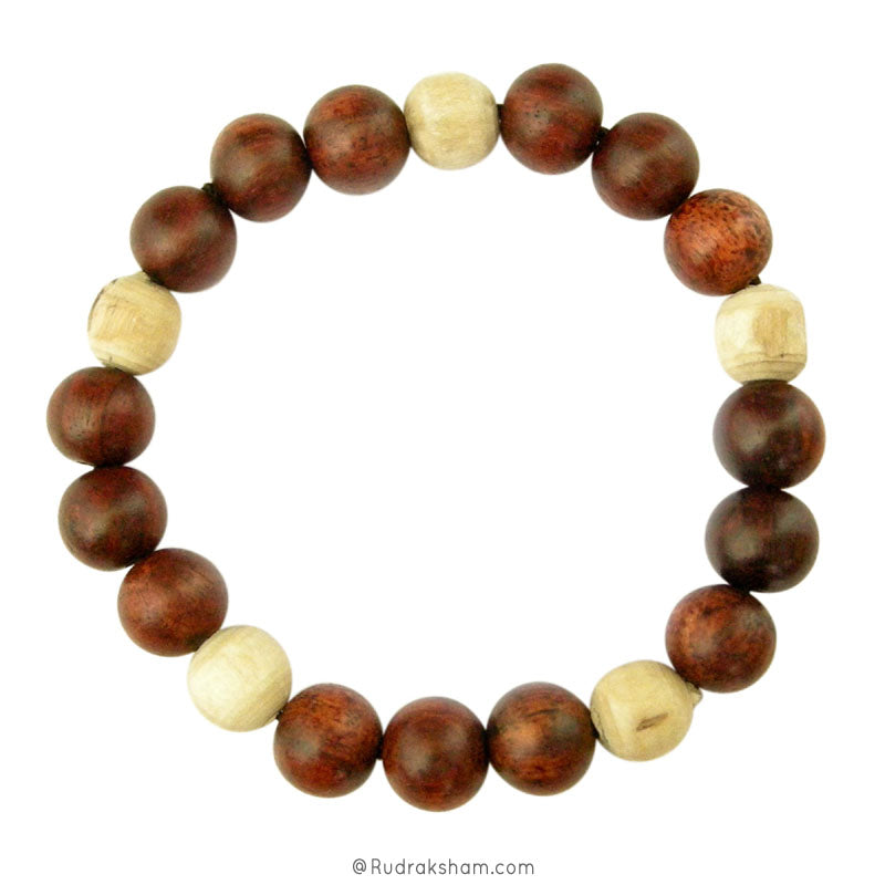  Smooth Round Rakta Chandan Beads with Tulasi ( Basil ) Beads Elastic Bracelet 